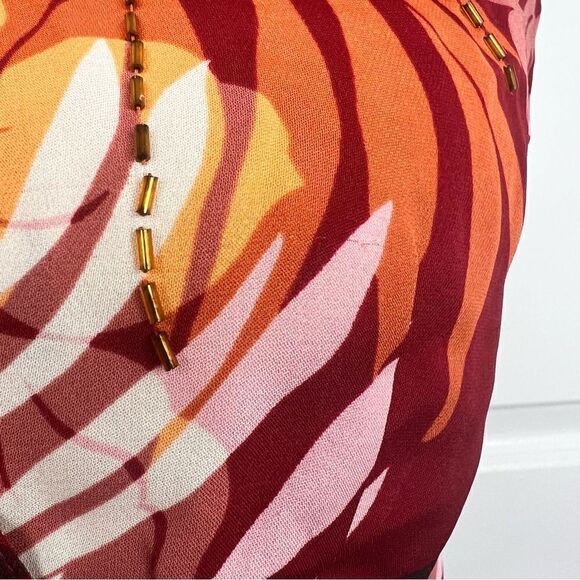 Sz 2P Kate Hill 100% Silk Red & Orange Beaded Faux Wrap Top - Picture 13 of 13